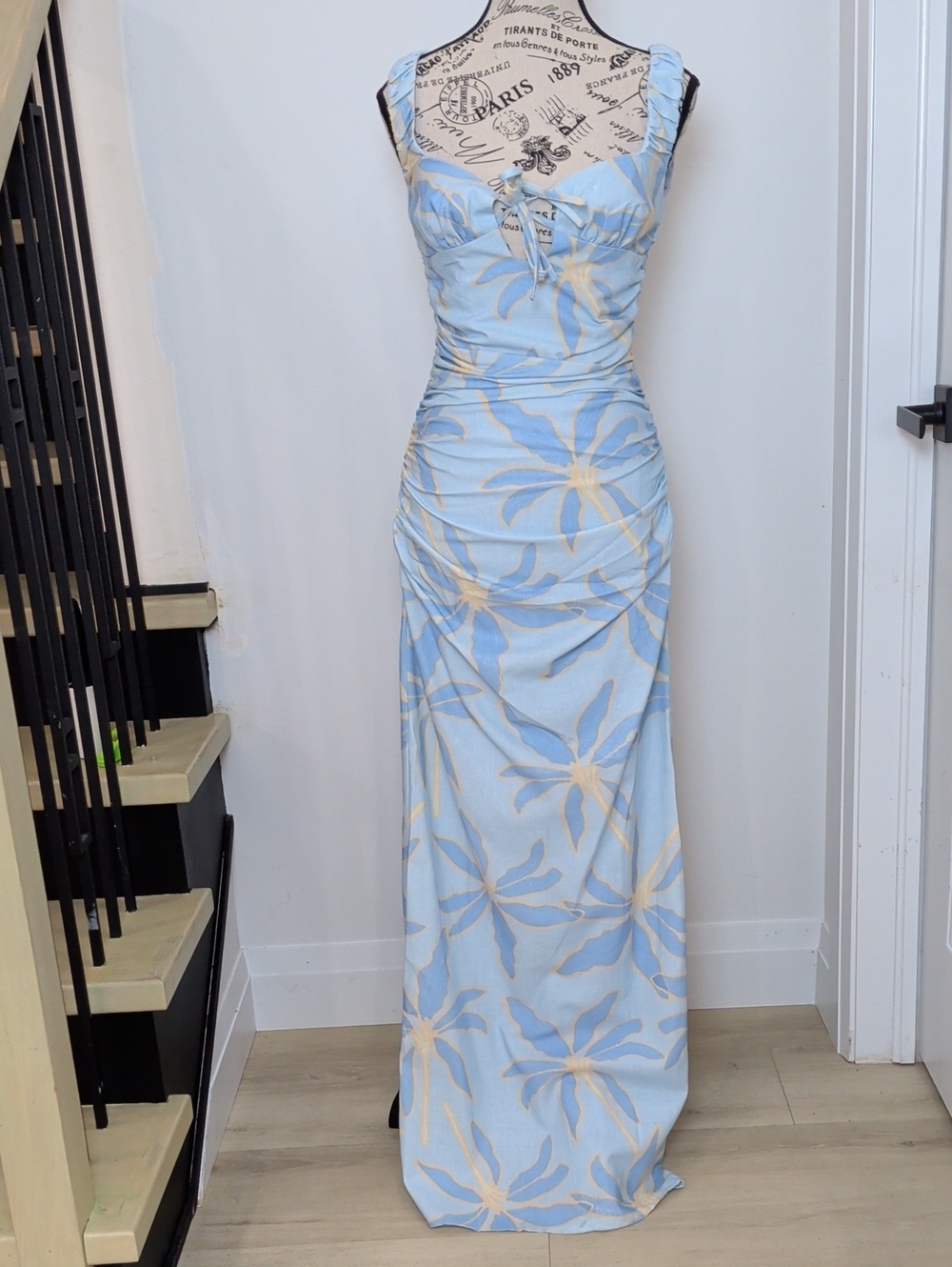 PEPPERMAYO | Women's Opulent Blue Floral Cosmic Love Ruched Linen Maxi Dress